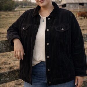 J. Jill Black Corduroy Jacket w/ Velvet Collar and Trim Barn Jacket Chore Jacket